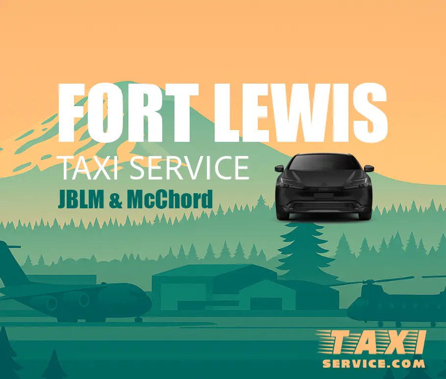 TaxiService.com Fort Lewis taxi service—JBLM & McChord—airport & city rides; black sedan over illustrated base with Mount Rainier backdrop.