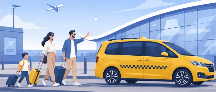 Modern airport taxi service illustration showing travelers with luggage and a yellow taxi outside an airport terminal
