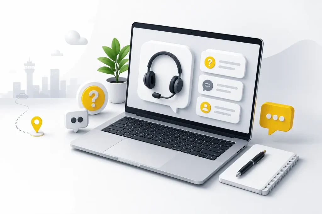 Modern 3D help center illustration with laptop, customer support headset, chat icons, and TaxiService.com branding.