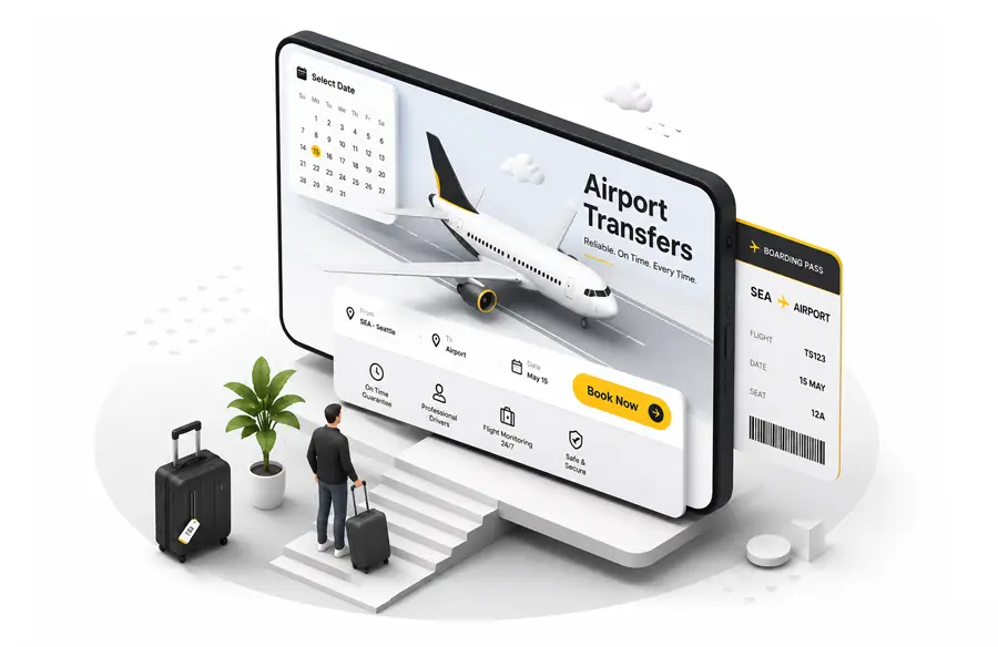 Airport taxi transfer booking interface with flight tracking, professional chauffeur service, and online airport taxi reservation.