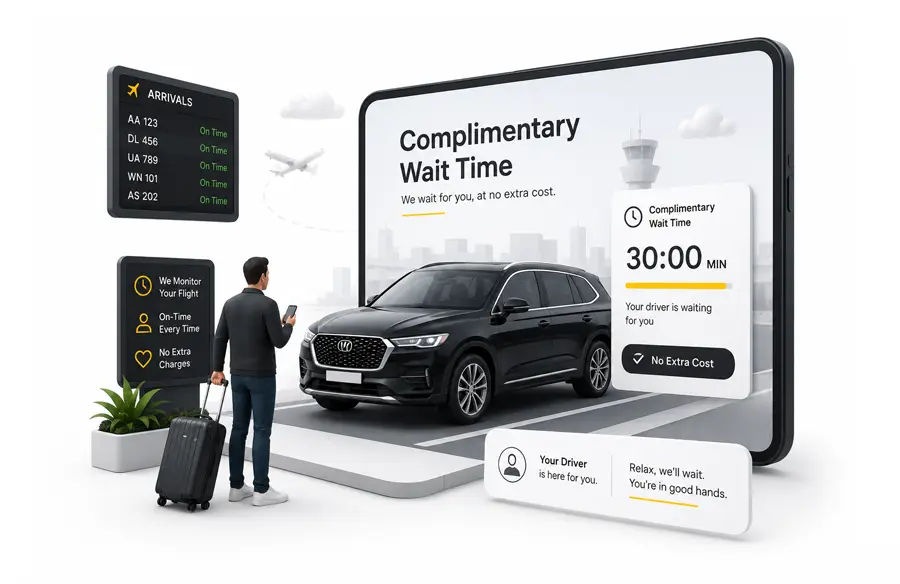 Modern airport transfer illustration showing complimentary wait time service with flight monitoring, arriving passenger, and professional driver waiting at no extra cost.