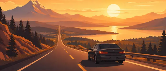 Long-distance taxi service illustration featuring a sedan traveling on a scenic highway through mountains and lakes at sunset.