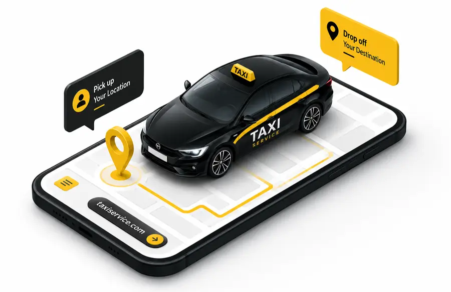 Modern 3D illustration of a taxi booking service showing a vehicle on a smartphone map with pickup and destination locations for online ride reservations.
