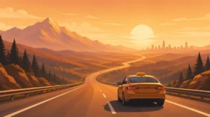 Modern transportation illustration showing a vehicle traveling toward a city skyline, representing airport transfers, city rides, and nationwide transportation services.