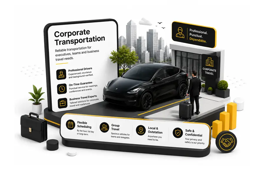 Corporate taxi transportation service with premium executive vehicle, professional chauffeur, and reliable business travel.
