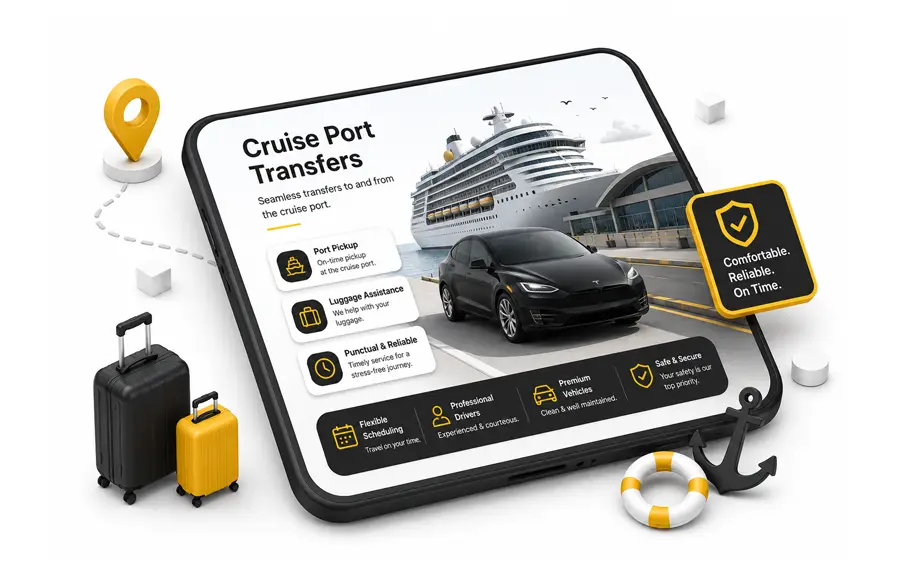 Cruise port taxi transfer service with Tesla vehicle, cruise ship terminal, luggage assistance, and professional chauffeur transportation.