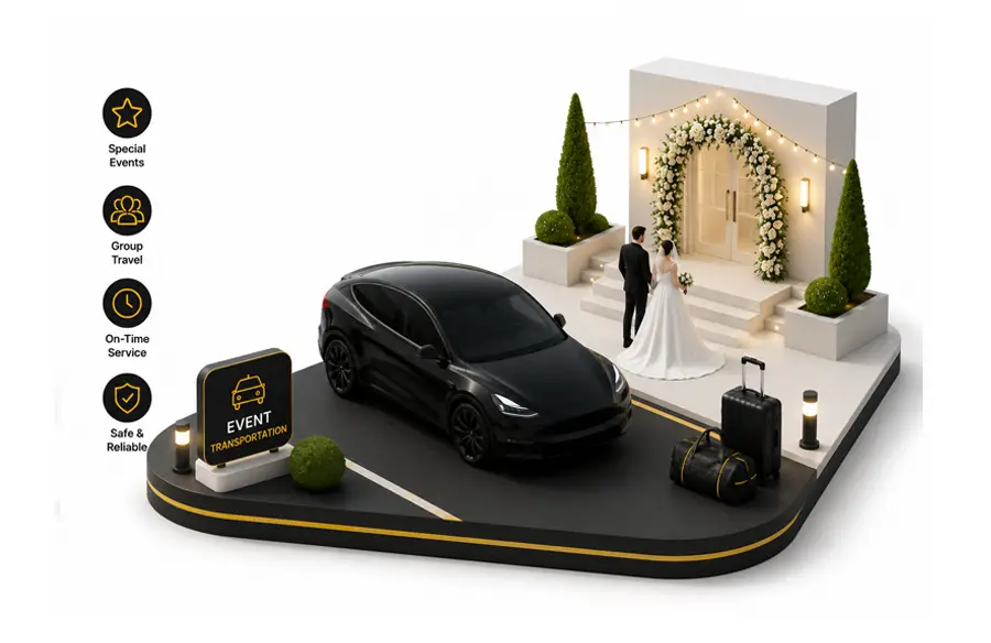 Event transportation service with premium SUV, bride and groom, and elegant wedding venue entrance.