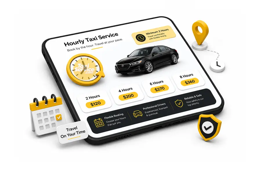 Hourly taxi service booking with flexible hourly rates and professional chauffeur transportation.