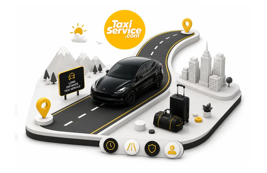 Long-distance taxi service with premium SUV traveling between cities on a modern highway.